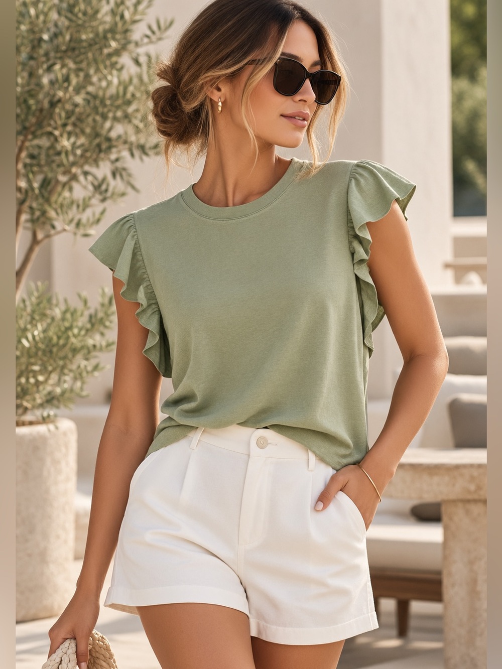 Ruffle Sleeve Crewneck Top in Sage Green 🍁